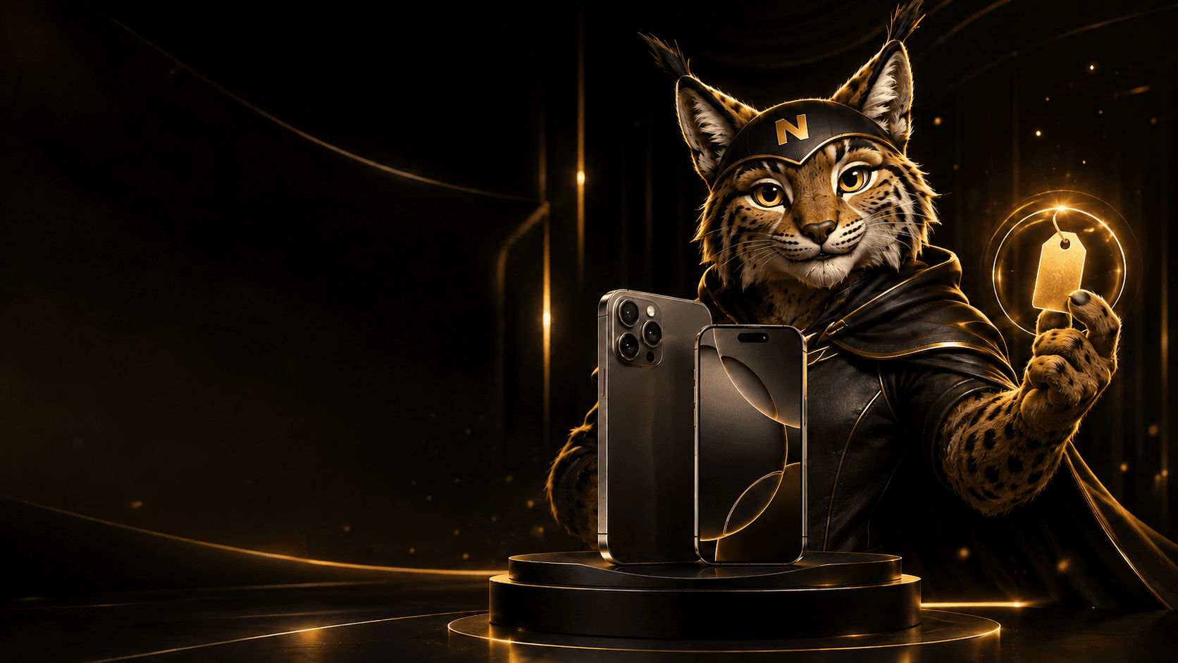 Nox-mascotte naast een smartphone in een gouden decor